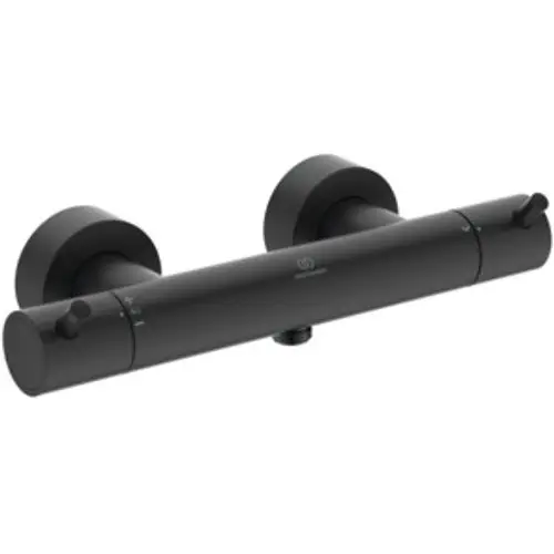 Brausethermostat in mattem Schwarz mit zwei drehbaren Griffelementen von Ideal Standard, zur Wandmontage geeignet.